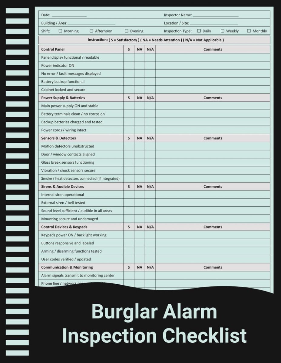 Inspectie Logboek - Beveiligingssysteem Controle - Alarm Onderhoud - Gedetailleerde Checklists - 8.5 x 11 Inch