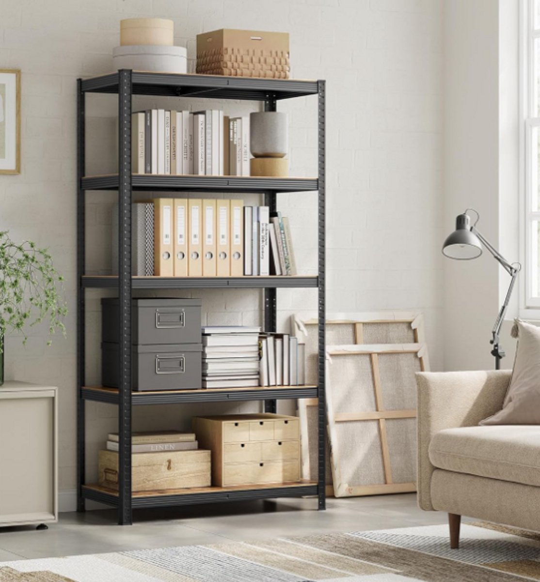 Bobbel Home - Stellingkast - Industriële Opbergrek - Verstelbare planken - Zwart - Tot 750 kg