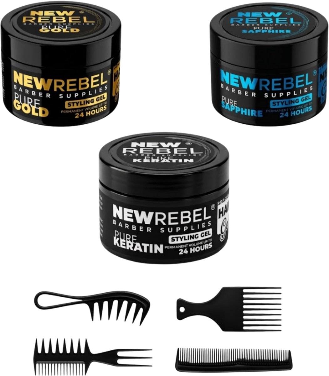 NewRebel Haar Styling Gel Set – 3x per potje gel 450 ml totaal (1350) + 4 Styling Kammen – Gold, Sapphire & Keratin – 24H Sterke Hold