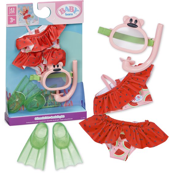Baby Born snorkelset: rood zwempak met watermeloenprint, flippers en roze masker met snorkel in verpakking.