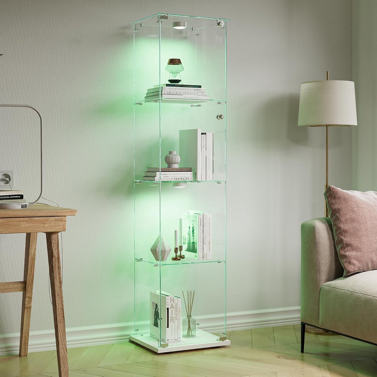 Glazen Vitrine - Transparante Kast - Woonkamer Decoratie - Met LED Verlichting - 35 x 39.5 x 163 cm - Wit