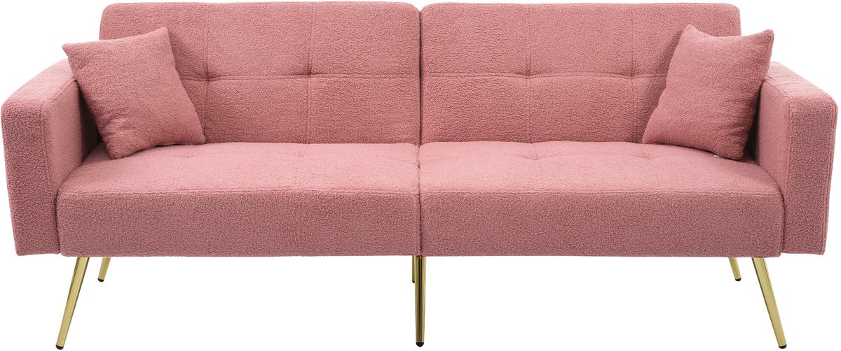 OKWISH Slaapbank – 2-Zits Met Verstelbare Rugleuning 105°/138°/180° En Zijzakken – Vergulde Poten & Kussens Voor Comfort – Sherpa – Roze