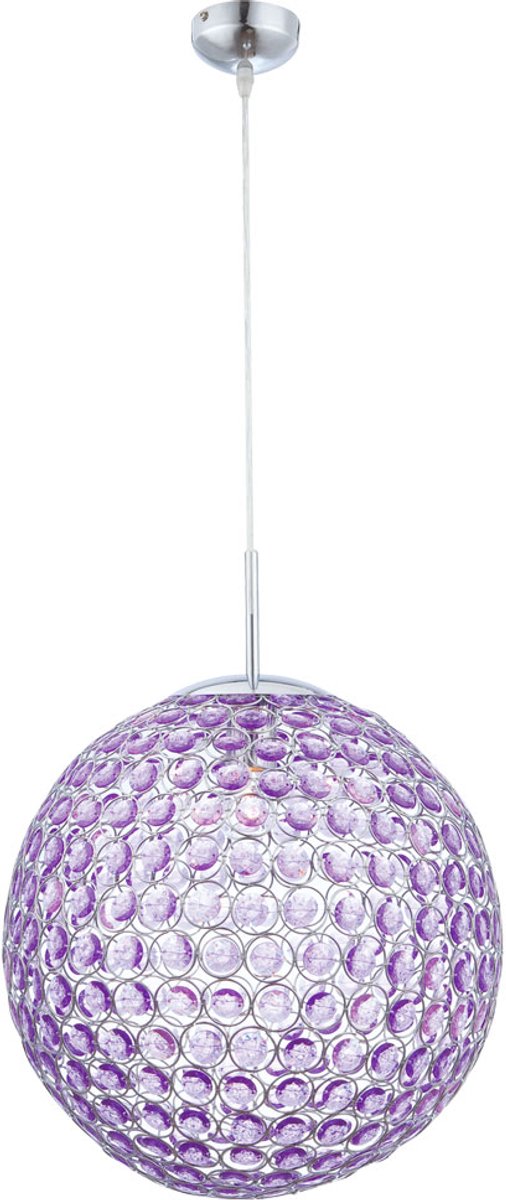 Hanglamp Plafondlamp chroom acryl paarse bol D 40 cm, 1x E27 fitting, hoogte 165 cm diameter 40 cm, woonkamer slaapkamer