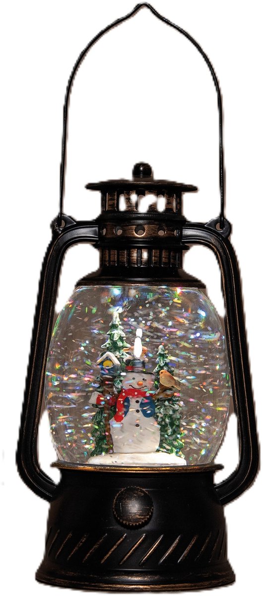 Anna's Collection Sneeuwbol/snowglobe glitter lantaarn - sneeuwpop - D12 x H20 cm - met LED verlichting - kerstlantaarn - kerstversiering