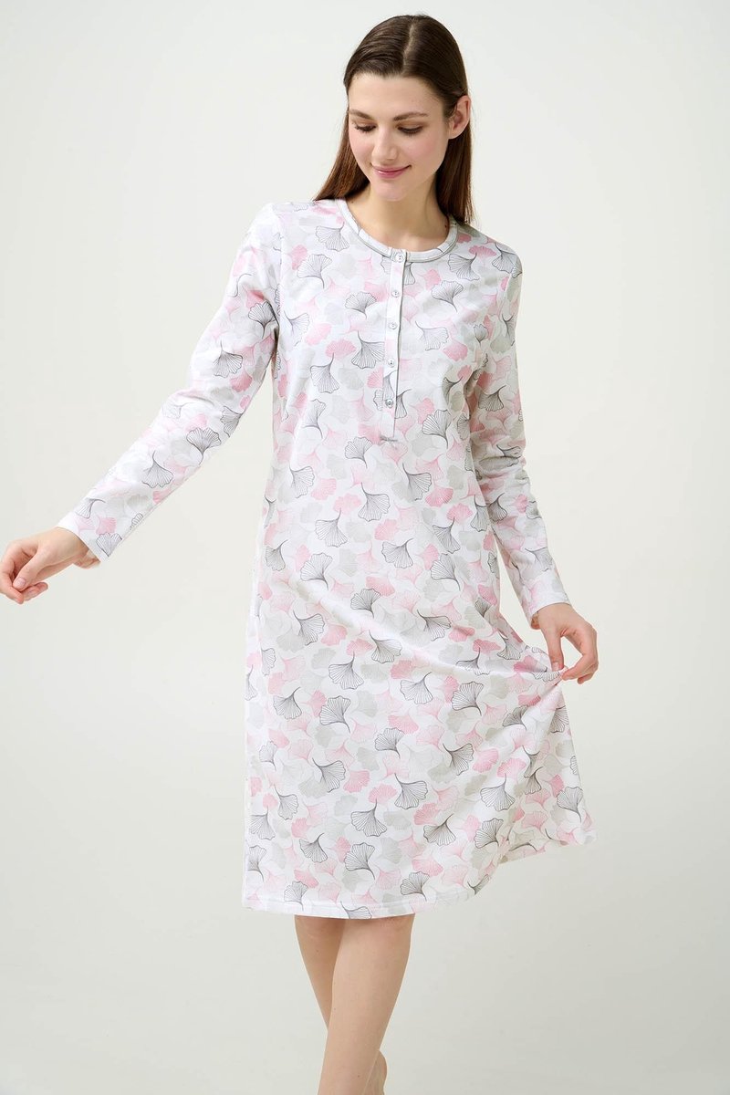 Vamp - Dames nachthemd katoen fleece – winter nachtjapon met pastelblad print en knoopsluiting- Grey Silver - XXL