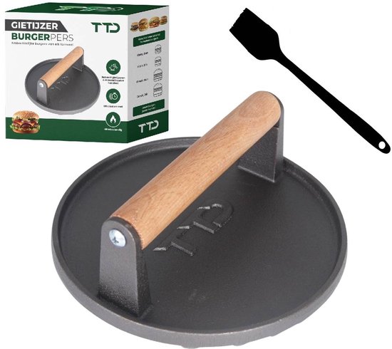 TTD® Hamburgerpers Gietijzer XL - Hamburgermaker Extra Zwaar - Hittebestendig - Strakke Grillgroeven - BBQ Accesoires - Barbecue Accessoires - Smash Burger - BBQ Gereedschap - Met oliekwast