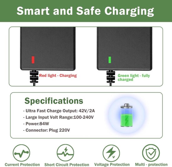 Elektrische scooter lader - 36V/42V 2A - met 6 batterijladerconnectoren - lader voor scootmobiel - elektrische fietslader - universele lader - Geschikt voor Xiaomi Mijia M365 - voor hoverboard, rolstoelen, eenwielers, fietsen en scootmobielen van Merkloos — afbeelding 5