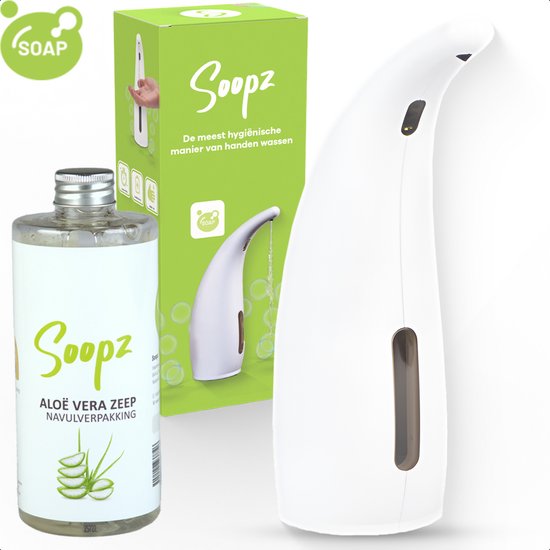 Witte automatische zeepdispenser met een fles navulzeep en de verpakking.