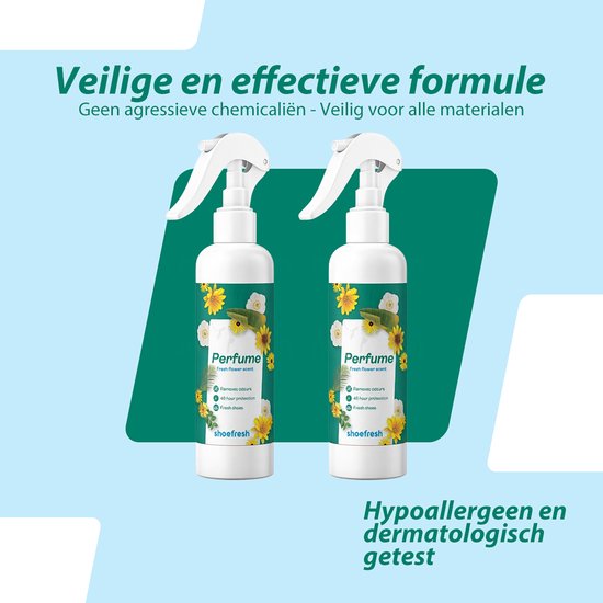 Twee flessen "shoefresh Schoenen Deodorant" met bloemenprint. Tekst: "Veilige en effectieve formule" en "Hypoallergeen en dermatologisch getest".