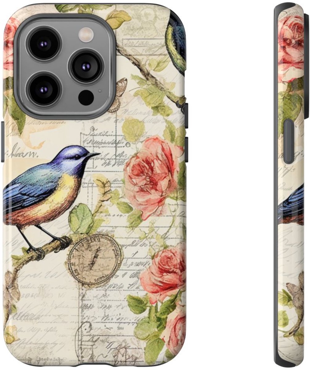 Vintage Blauwe Vogels en Rozenpatroon – Telefoonhoesje Geschikt voor iPhone 14 Pro