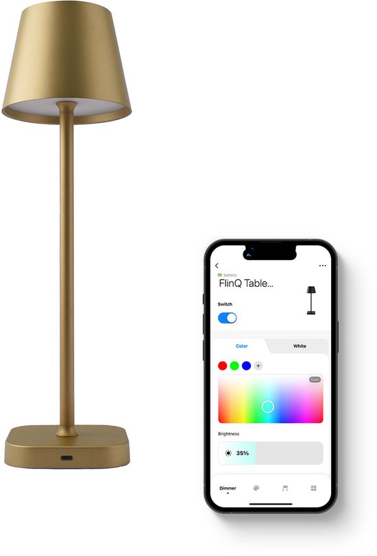 FlinQ Smart Tafellamp Lume - Oplaadbaar en met Touch Bediening - Voor Slaapkamer en Woonkamer - Draadloze Lamp ook als Schemerlamp - Dimbaar en Ideaal voor Nachtkastje - Industrieel - Goud