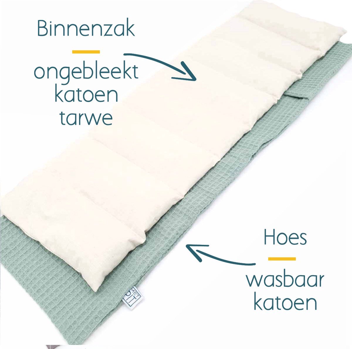 XL Met Pit ✿ Nek en schouders - Wasbare hoes - Warmte pittenkussen / coldpack – Magnetron / Vriezer - Pittenzak Made in NL/BE – Geen kersenpitkussen maar tarwe – Oud groen Wafel — afbeelding 5