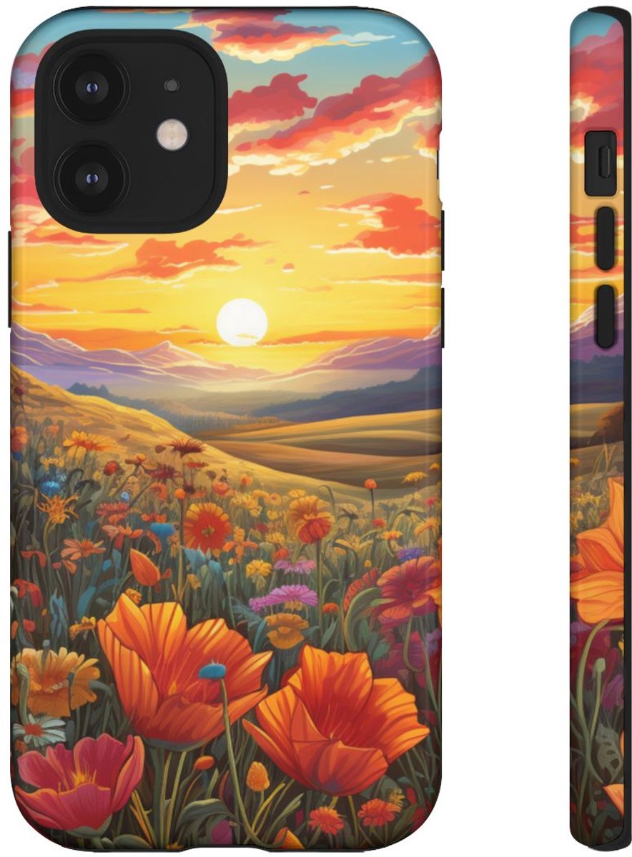 Zonsondergang boven Wilde Bloemenweide – Telefoonhoesje Geschikt voor iPhone 12