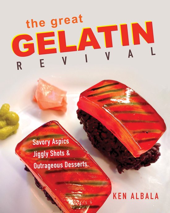 Boekomslag "the great GELATIN REVIVAL" met twee stukken sushi, gelatine en wasabi.