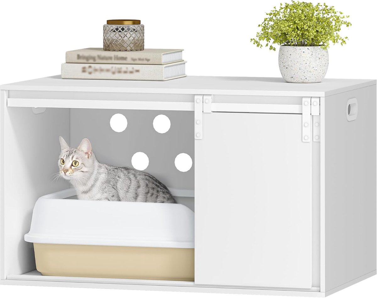 Modern kattentoilet met schuifdeuren en scheidingswand – 85x50x50 cm, inclusief kattenbakvulling en kwastjes – Wit CB86303W