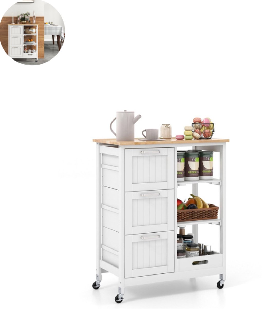 Keukeneiland - Verplaatsbaar - Keukenkast - Dressoir - Organizer - Kasten - Houten Werkblad - Wit