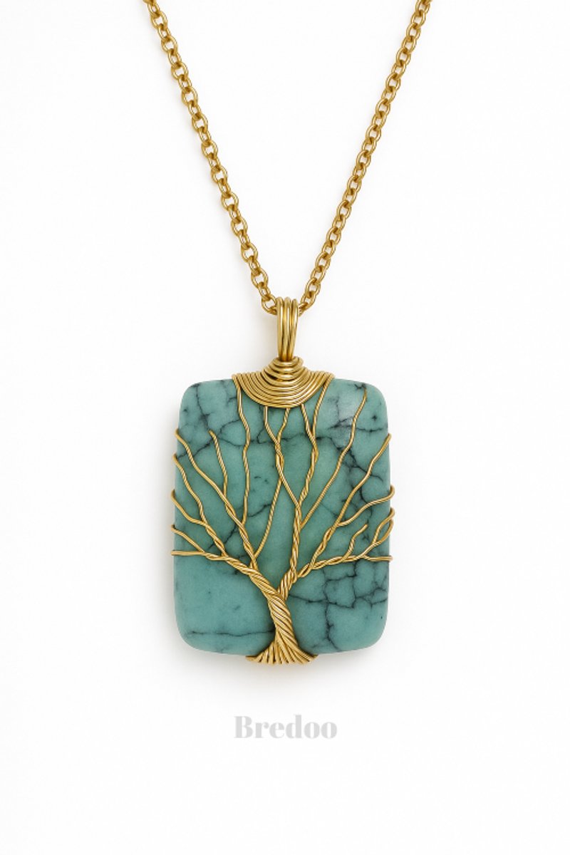 Tree of Life damesketting – goudkleurig stainless steel met turkoois edelsteen – inclusief cadeauzakje & betekenis-kaartje
