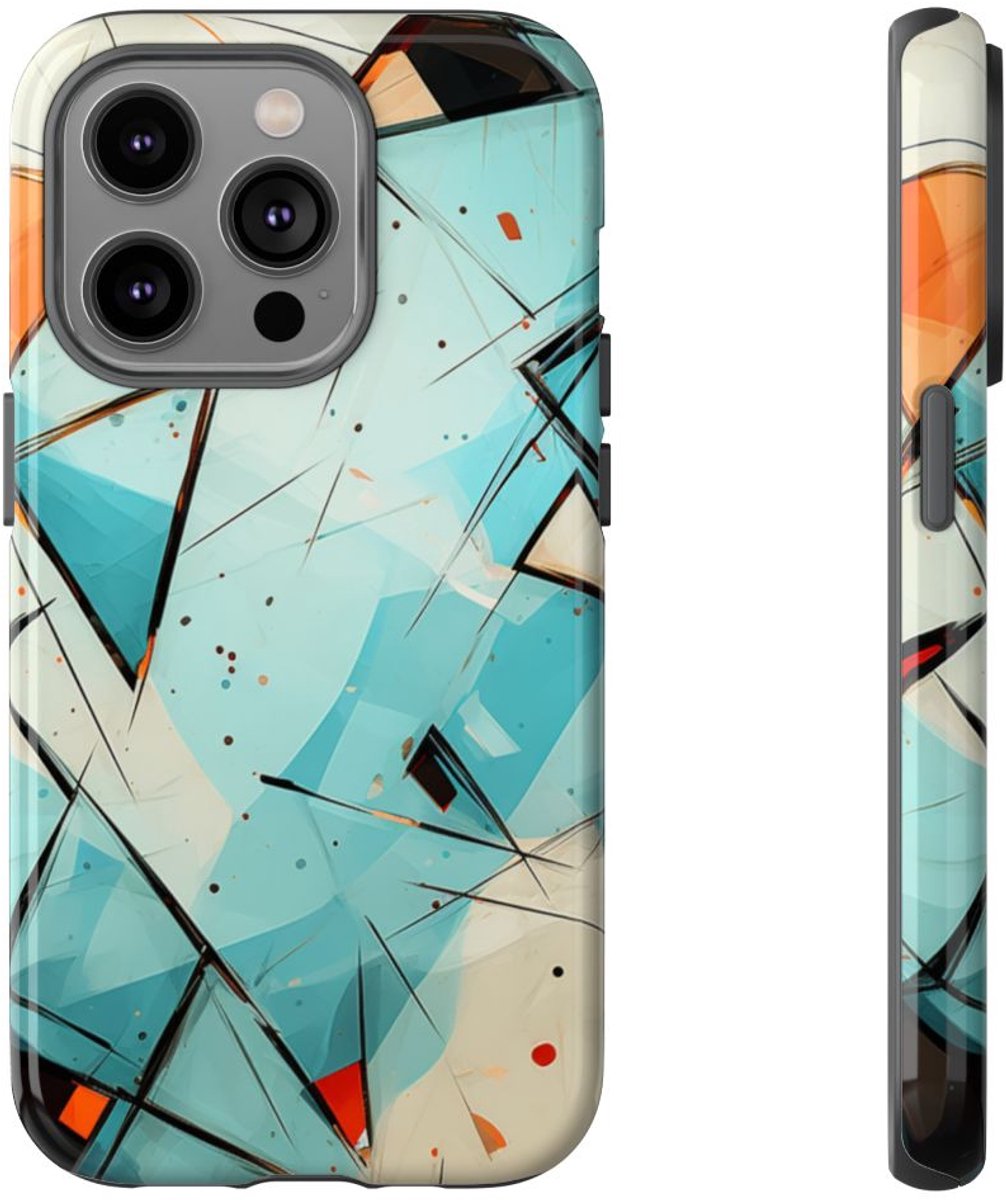 Geometrisch Abstract Blauw-Oranje Patroon – Telefoonhoesje Geschikt voor iPhone 14 Pro