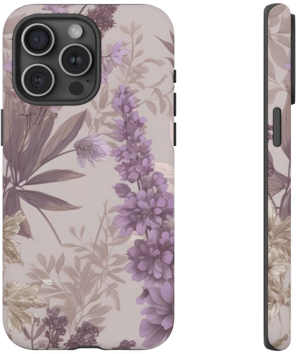 Lila Bloemenpatroon met Matte Afwerking – Telefoonhoesje Geschikt voor iPhone 15 Pro Max