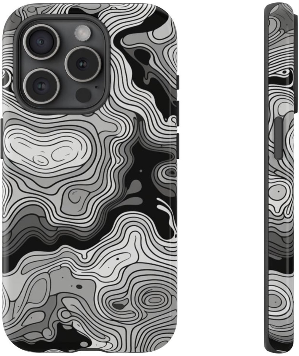 Monochroom Topografisch Patroon – Telefoonhoesje Geschikt voor iPhone 15 Pro