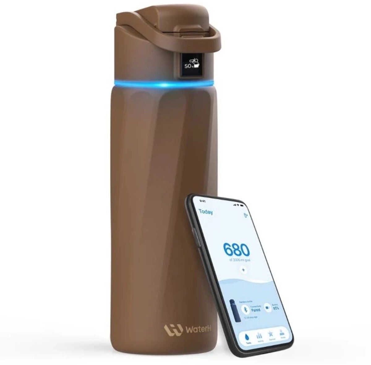 WaterH BOOST - Slimme Waterfles met Herinnering om Water te Drinken & Water Tracker Fles - Dubbelwandige stalen drinkfles - Wijde opening - 710ml - Bruin
