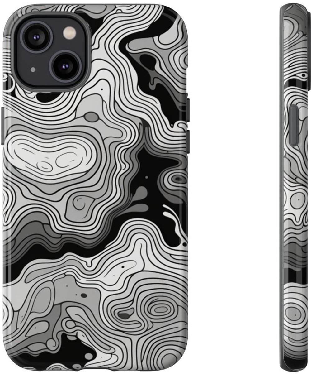 Monochroom Topografisch Patroon – Telefoonhoesje Geschikt voor iPhone 14 Plus