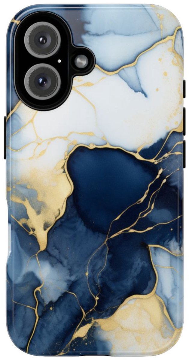 Diepblauw en Goud Abstract Inktpatroon – Telefoonhoesje Geschikt voor iPhone 16