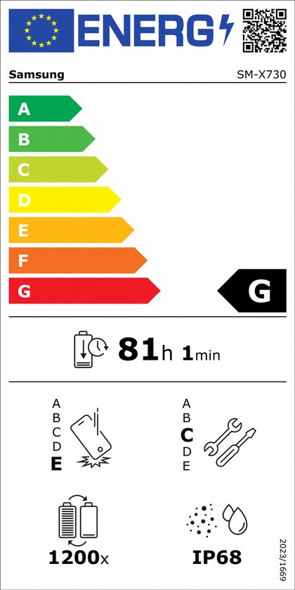 Energie-etiket voor Samsung SM-X730 met G-label en batterij-informatie.