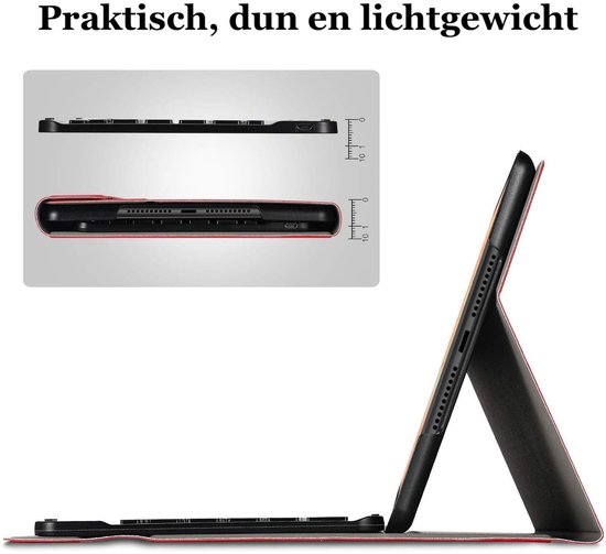 Dun en lichtgewicht tablet hoes met rode accenten, staand met toetsenbord.