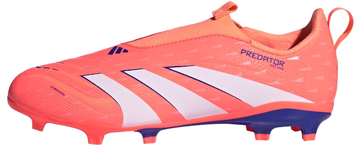 Oranje adidas Predator League laceless voetbalschoenen voor kinderen met 3D-textuur en opvallende witte strepen.