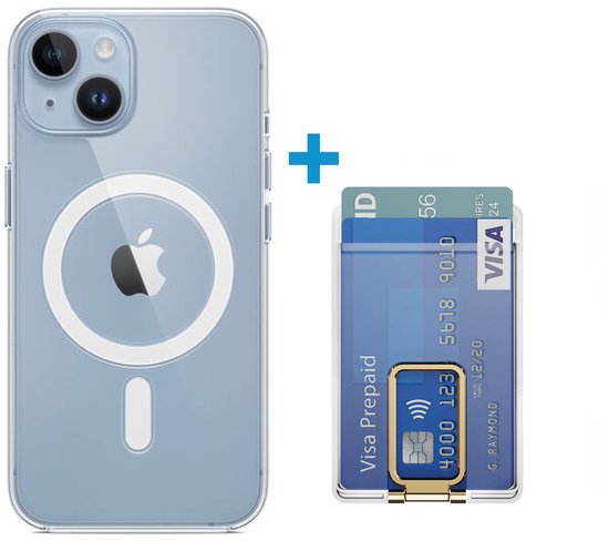 Coque de téléphone transparente avec cercle MagSafe et un porte-cartes de crédit séparé avec deux cartes.