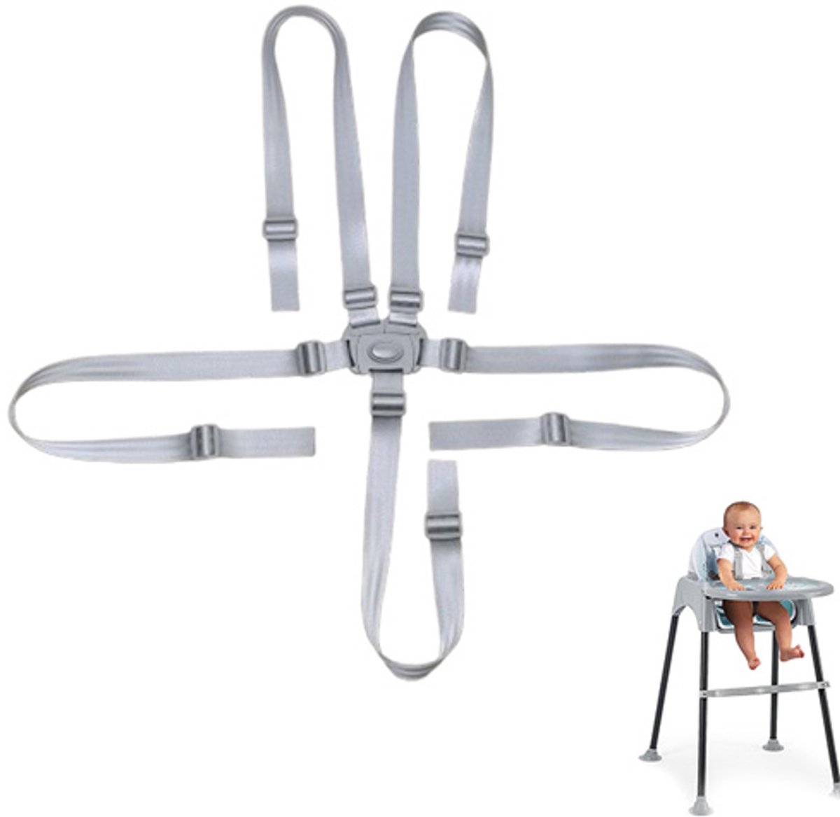Kinderstoel Tuigje - 5 Punts Harnass - Babyharnas - Verstelbaar kinder harnas - Beschermriem voor kinderstoel - Babyharnas voor kinderstoelen, kinderwagens en wipstoelen - Grijs