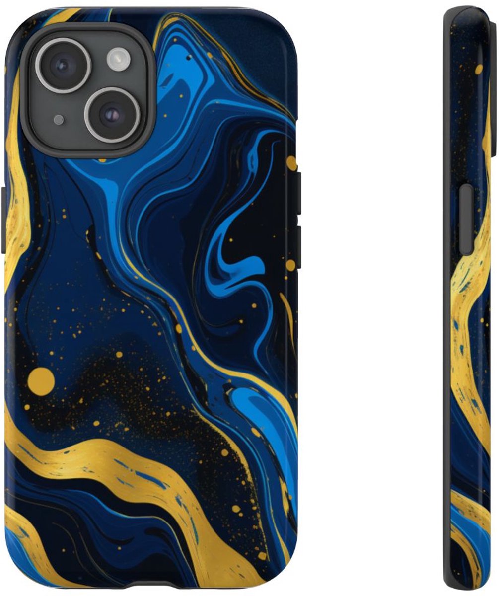 Neonblauw en Goud Marmer Abstract – Telefoonhoesje Geschikt voor iPhone 15
