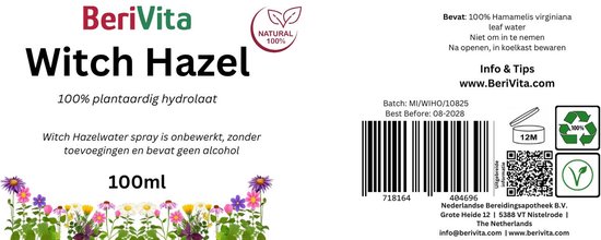 BeriVita Witch Hazel 100ml sprayfles met productdetails en logo's.
