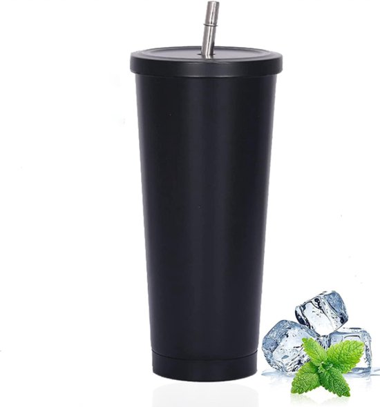 Zwarte thermobeker met rietje en ijsblokjes en een takje munt ernaast.