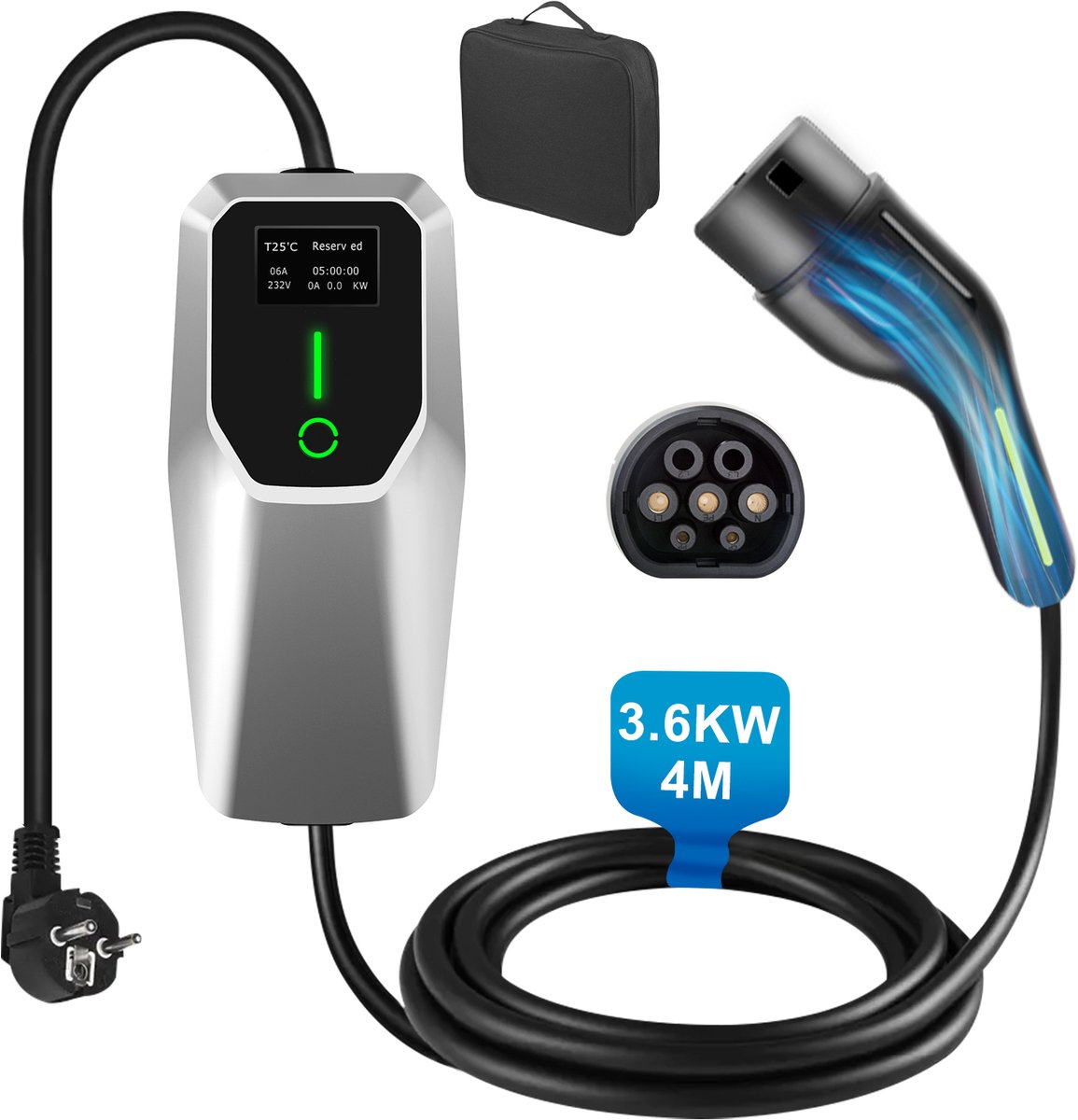 JUNSUN Draagbare 3.68kW 16A EV Laadkabel - Type 2, LCD Scherm & Opbergtas