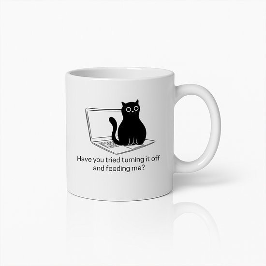 Grappige Kattenmok 330ml – "Heb je geprobeerd het uit te zetten en mij te voeren?" Cadeau voor Kattenliefhebbers & Tech Fans