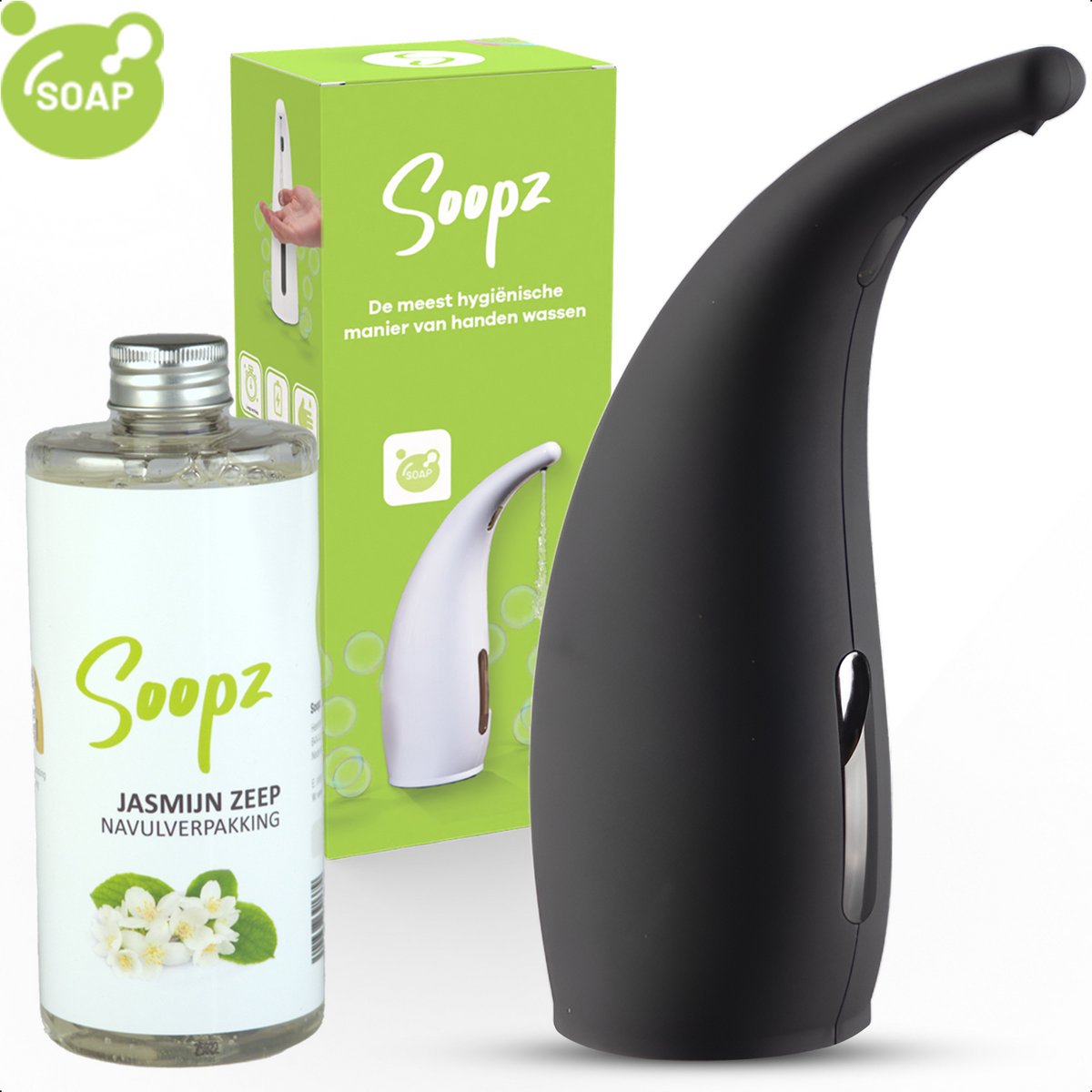 Soopz Automatische Zeepdispenser – Mat Zwart – Black Graphite Classic – Zeeppompje met Bewegingssensor – Met Jasmijn Zeep