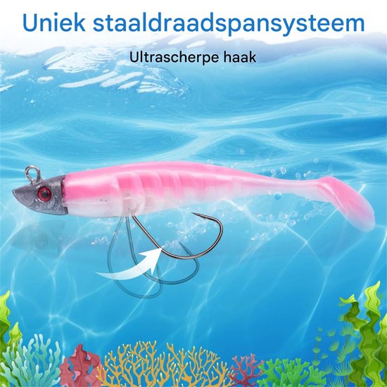 Ynkkvre-Rubberen Vissen Set – 5 Stuks Kunstmatige Aas met Jigkop – Rubber Aas voor Forel, Snoekbaars, Baars – Zoet- en Zoutwater – Vissen Hengelsport Cadeau — afbeelding 5
