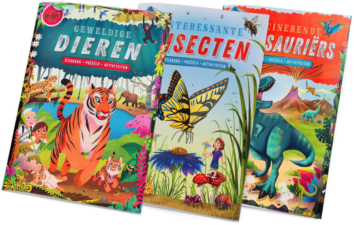 Rebo Stickerboek bundel - 3 stickerboeken met reuze stickers - Dieren + Insecten + Dinosaurussen - Voor kinderen 3-6 jaar - Peuters / Kleuters - Doeboek - Stickervellen