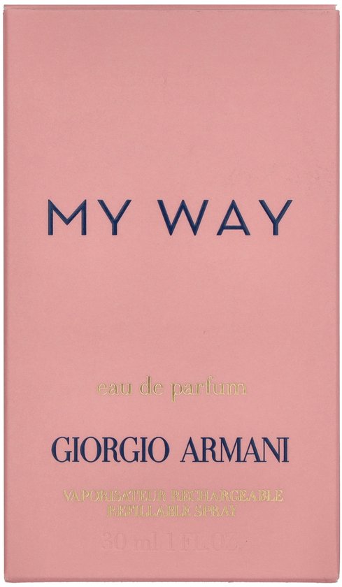 Roze doos met 'MY WAY' en 'GIORGIO ARMANI' in donkerblauwe letters.