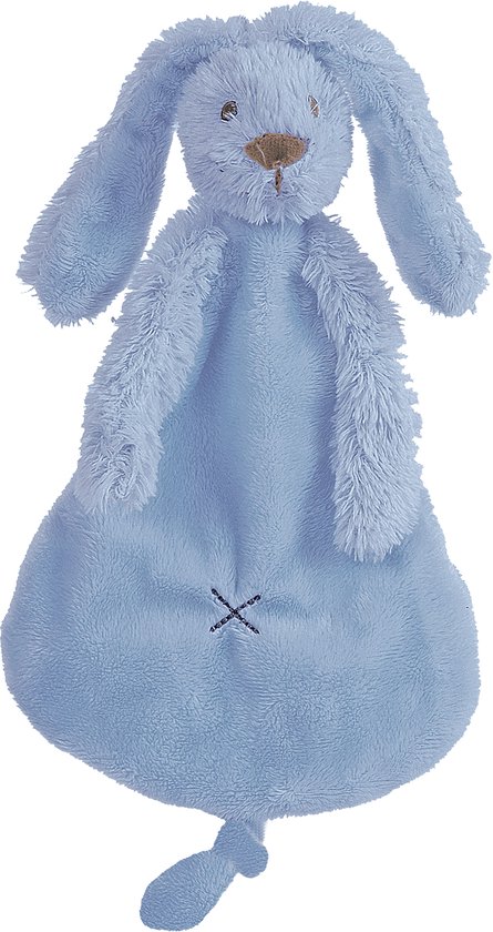 Blauw knuffeldoekje met konijnenkop, lange oren, geborduurde X en bruine neus.