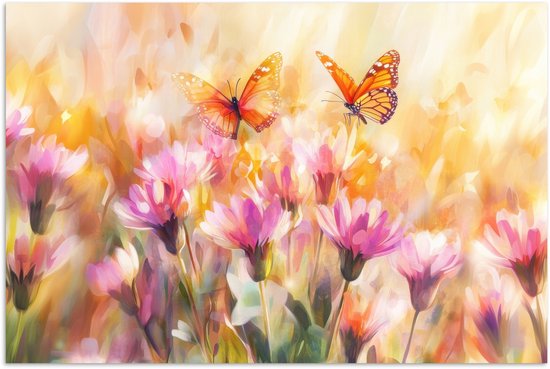 Poster 60x40 cm - Vlinders - Oranje - Bloemen - Posters - Kamer decoratie - Wanddecoratie woonkamer - Muurdecoratie slaapkamer