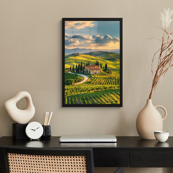 Poster in lijst - Fotolijst 40x60 cm - Posters - Toscane - Landschap - Wijngaarden - Posterlijst zwart - Decoratie - Wanddecoratie woonkamer - Muurdecoratie slaapkamer