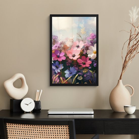 Poster in lijst - Fotolijst 40x60 cm - Posters - Bloemen - Kleurrijk - Bloei - Posterlijst zwart - Decoratie - Wanddecoratie woonkamer - Muurdecoratie slaapkamer