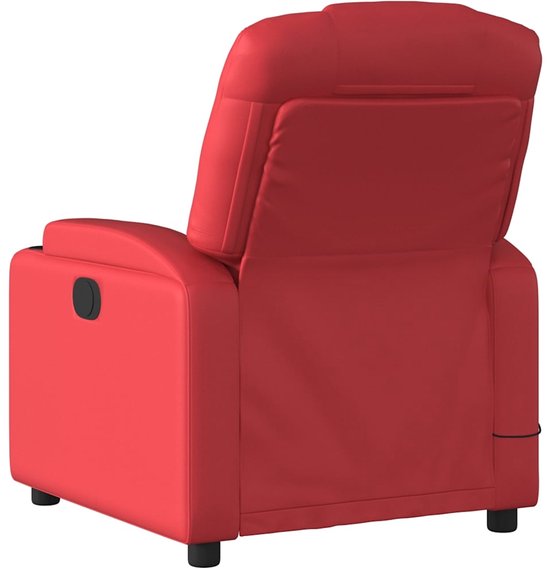 Achterkant van een rode massagestoel in kunstleer.