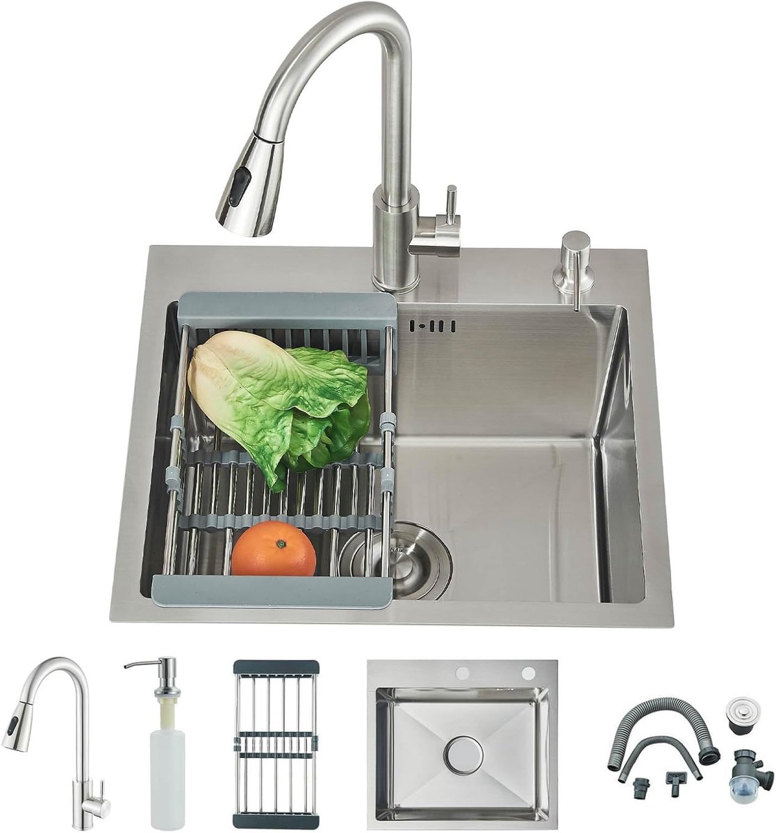 Keukenspoel, Multifunctioneel Keukenspoel met afneembare kraan en zeepboder, geborstelde afwerking (50 x 45 cm)