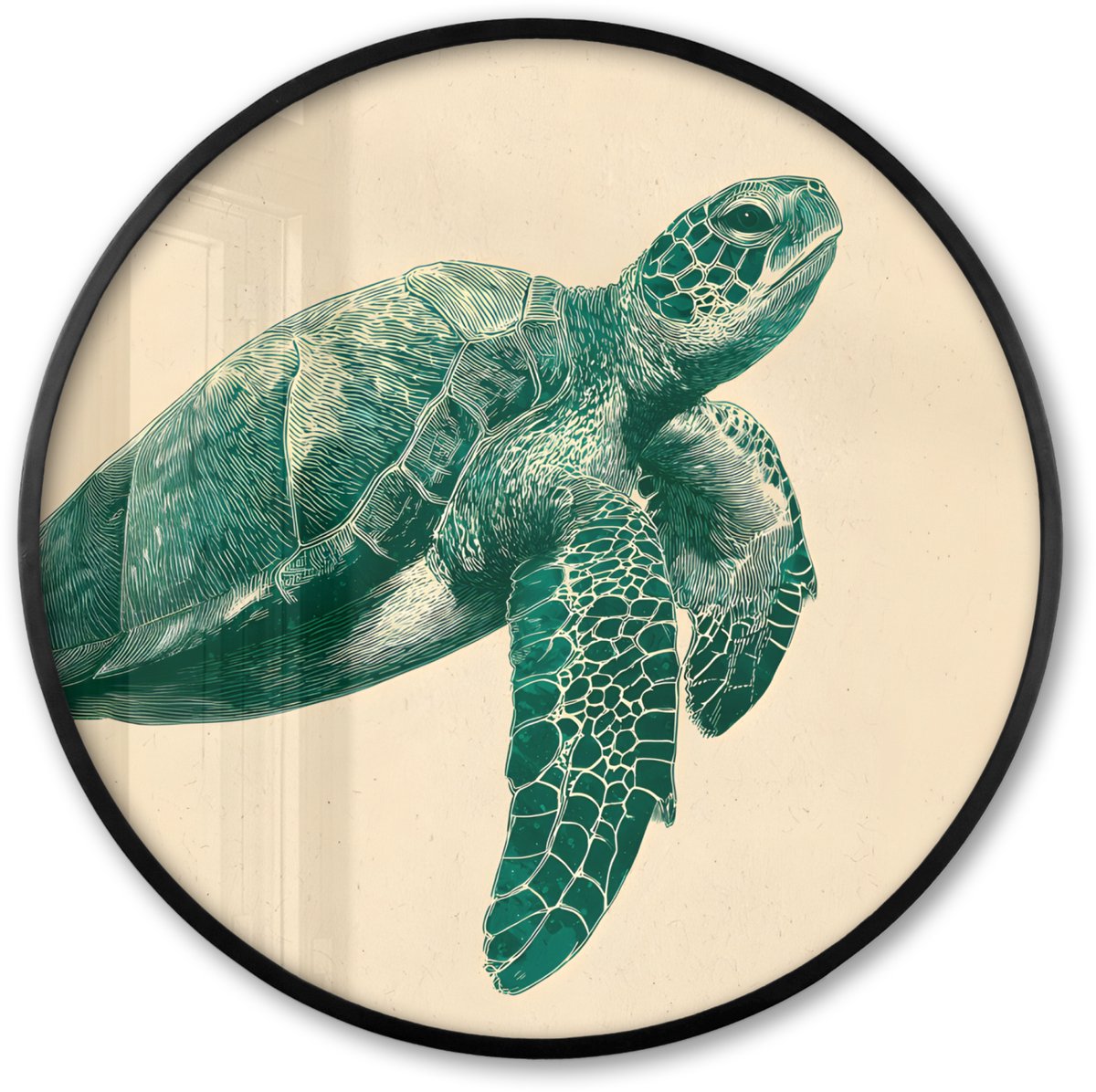 FrameYourWall Poster in lijst Rond - Fotolijst 80x80 cm - Posters - Schildpad - Sierlijk - Groen - Schild - Ronde posterlijst zwart - Decoratie - Wanddecoratie woonkamer - Muurdecoratie slaapkamer