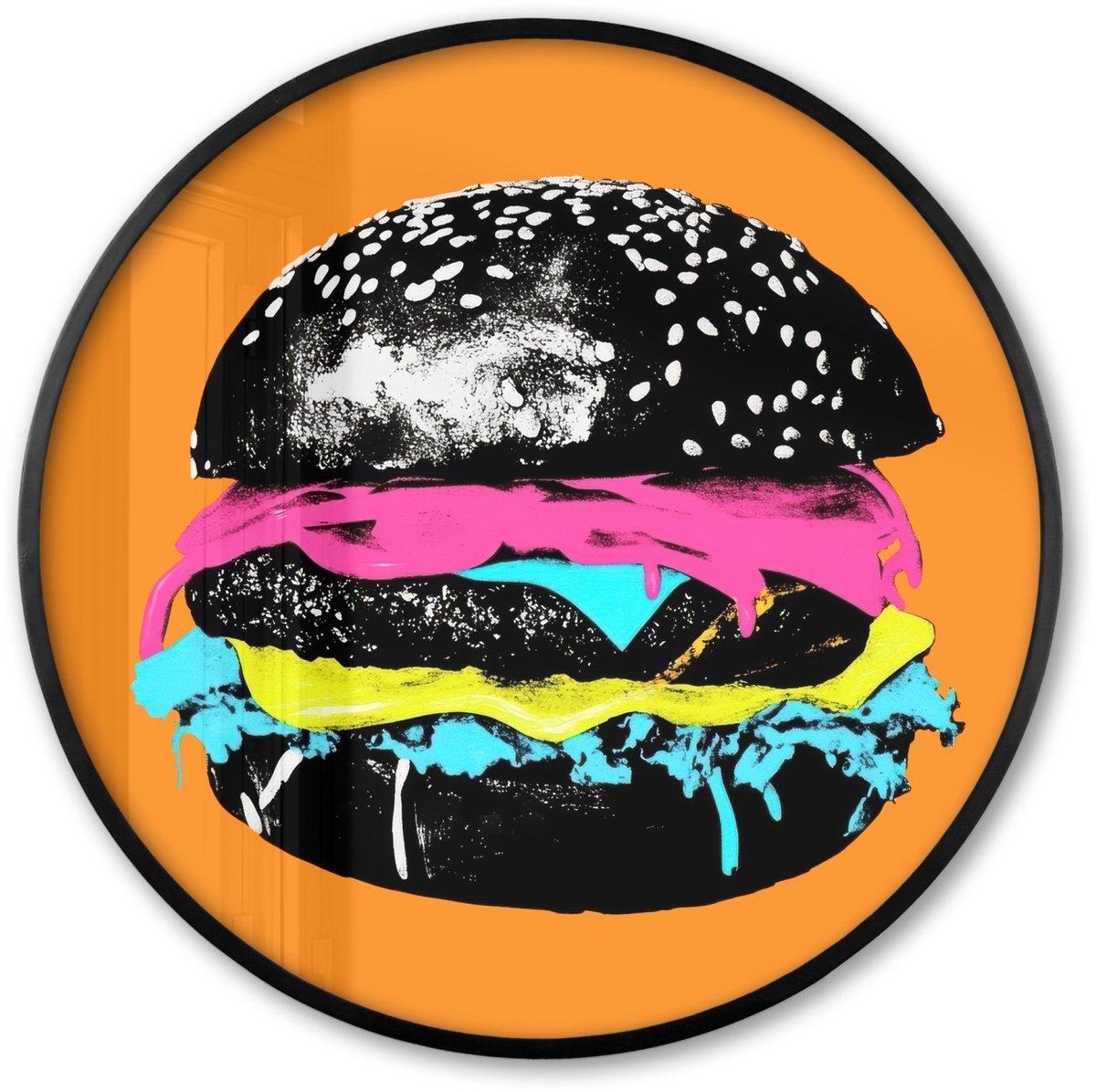 FrameYourWall Poster in lijst Rond - Fotolijst 80x80 cm - Posters - Hamburger - Oranje - Neon - popart - Ronde posterlijst zwart - Decoratie - Wanddecoratie woonkamer - Muurdecoratie slaapkamer Hamburger - popart