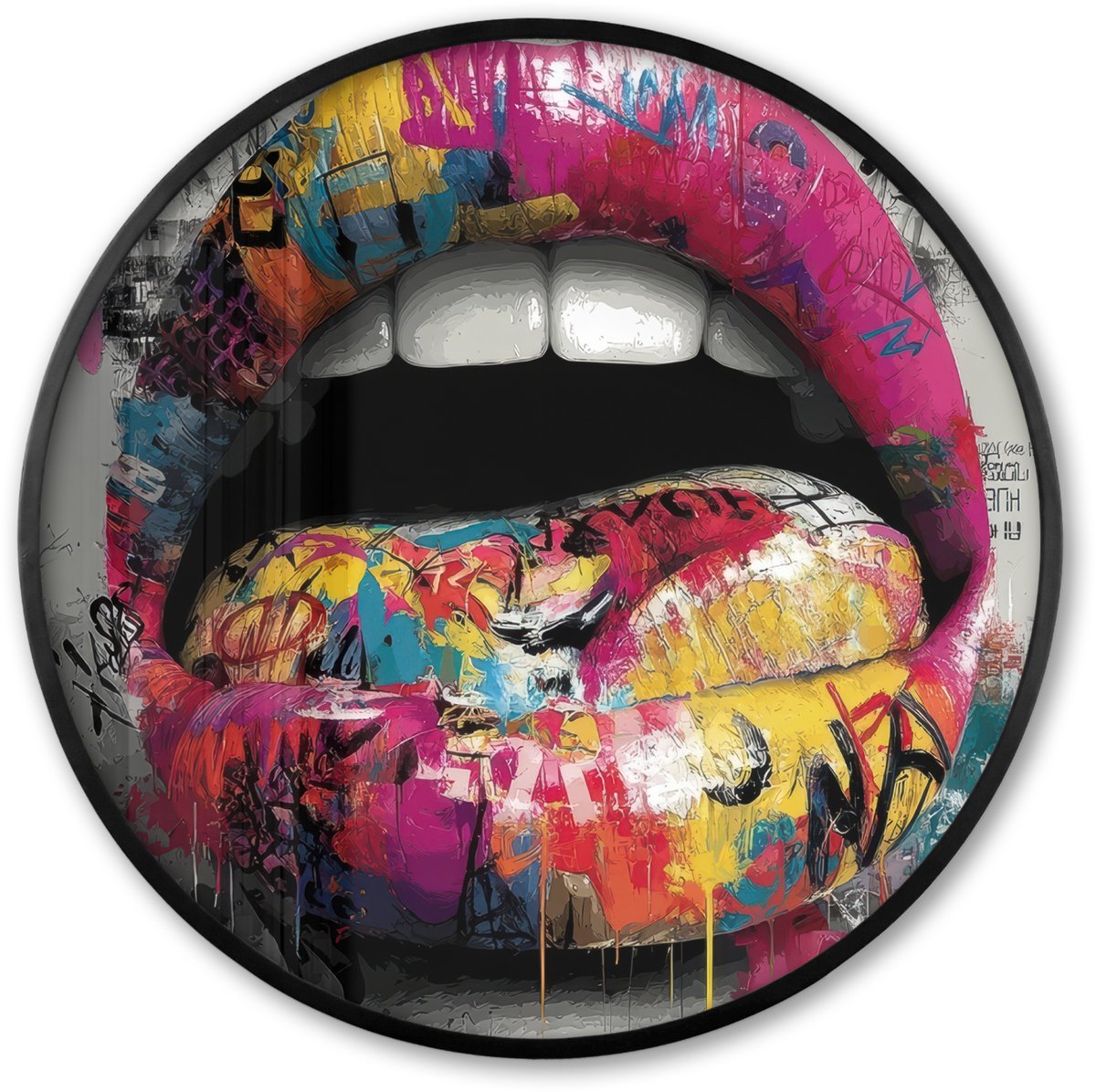 FrameYourWall Poster in lijst Rond - Fotolijst 80x80 cm - Posters - Lippen - Graffiti - Expressief - Ronde posterlijst zwart - Decoratie - Wanddecoratie woonkamer - Muurdecoratie slaapkamer